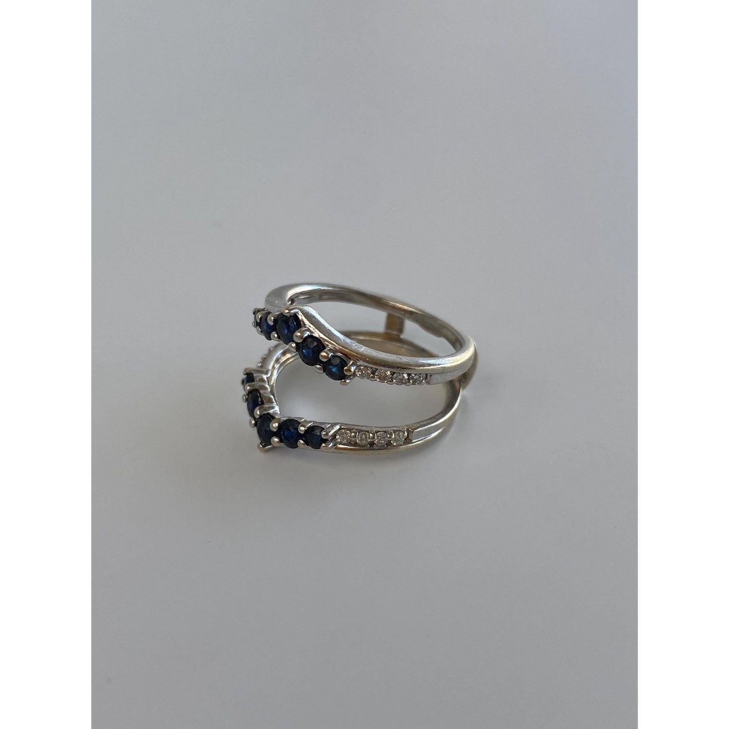 Solid 14k White Gold Blue Sapphire Clear Sapphire Double Ring - Size 4.25