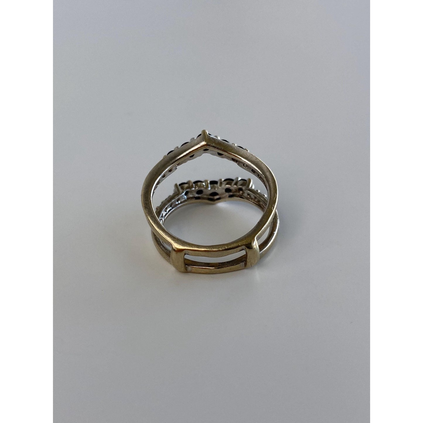 Solid 14k White Gold Blue Sapphire Clear Sapphire Double Ring - Size 4.25