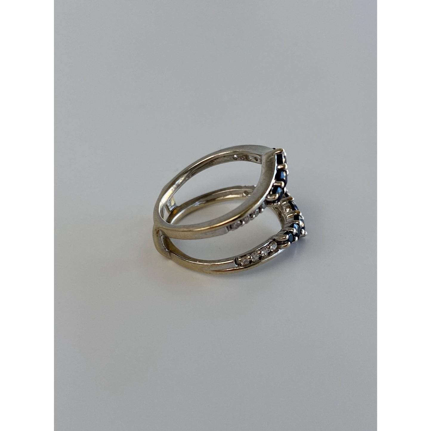 Solid 14k White Gold Blue Sapphire Clear Sapphire Double Ring - Size 4.25