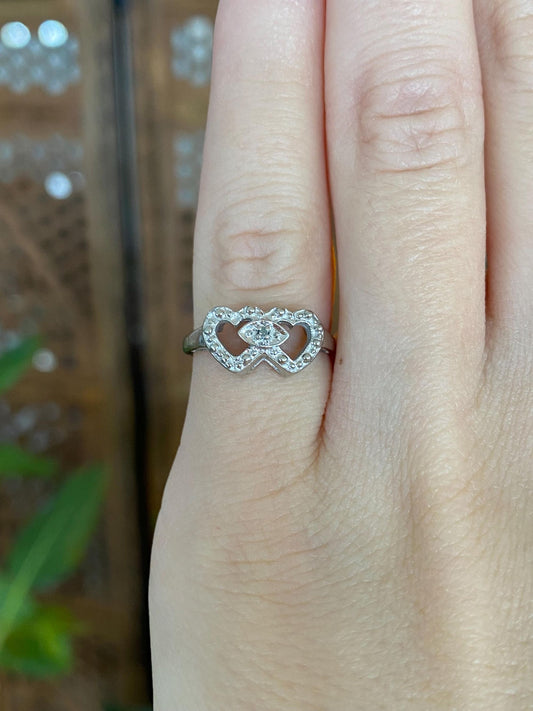 Vintage Solid 10k White Gold Diamond Hearts Ring - Size 4