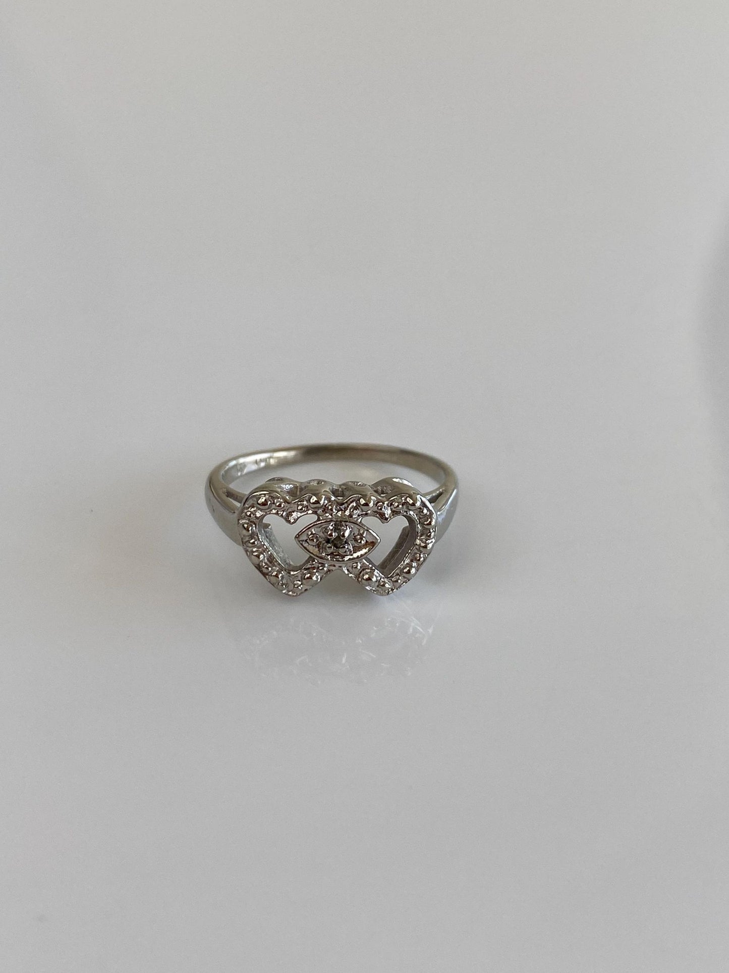 Vintage Solid 10k White Gold Diamond Hearts Ring - Size 4