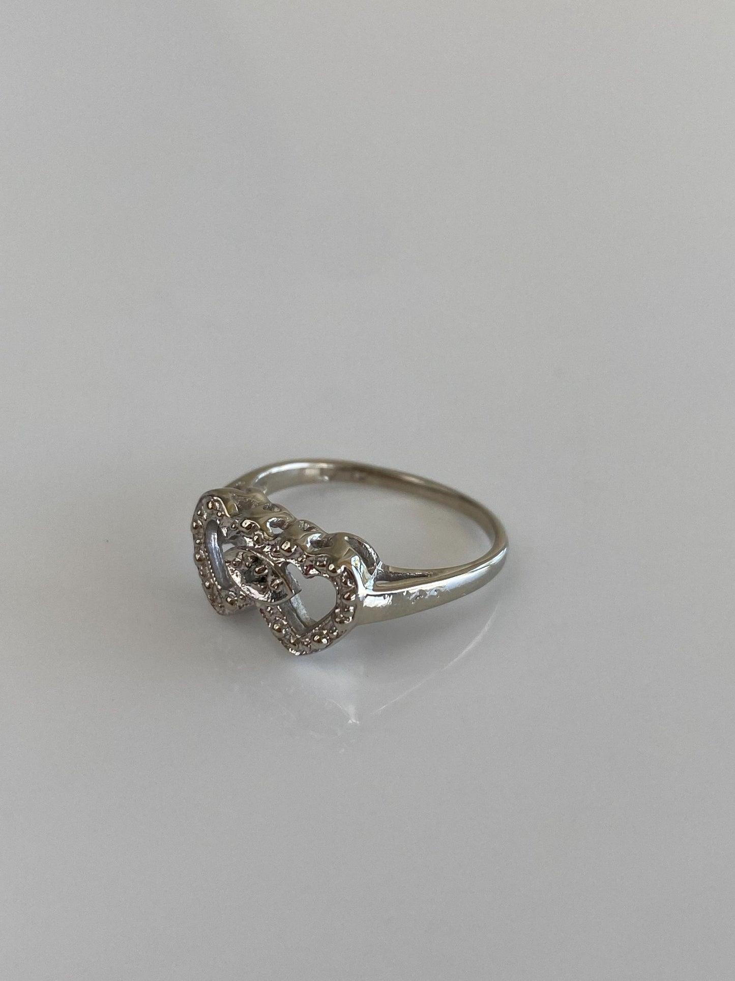 Vintage Solid 10k White Gold Diamond Hearts Ring - Size 4
