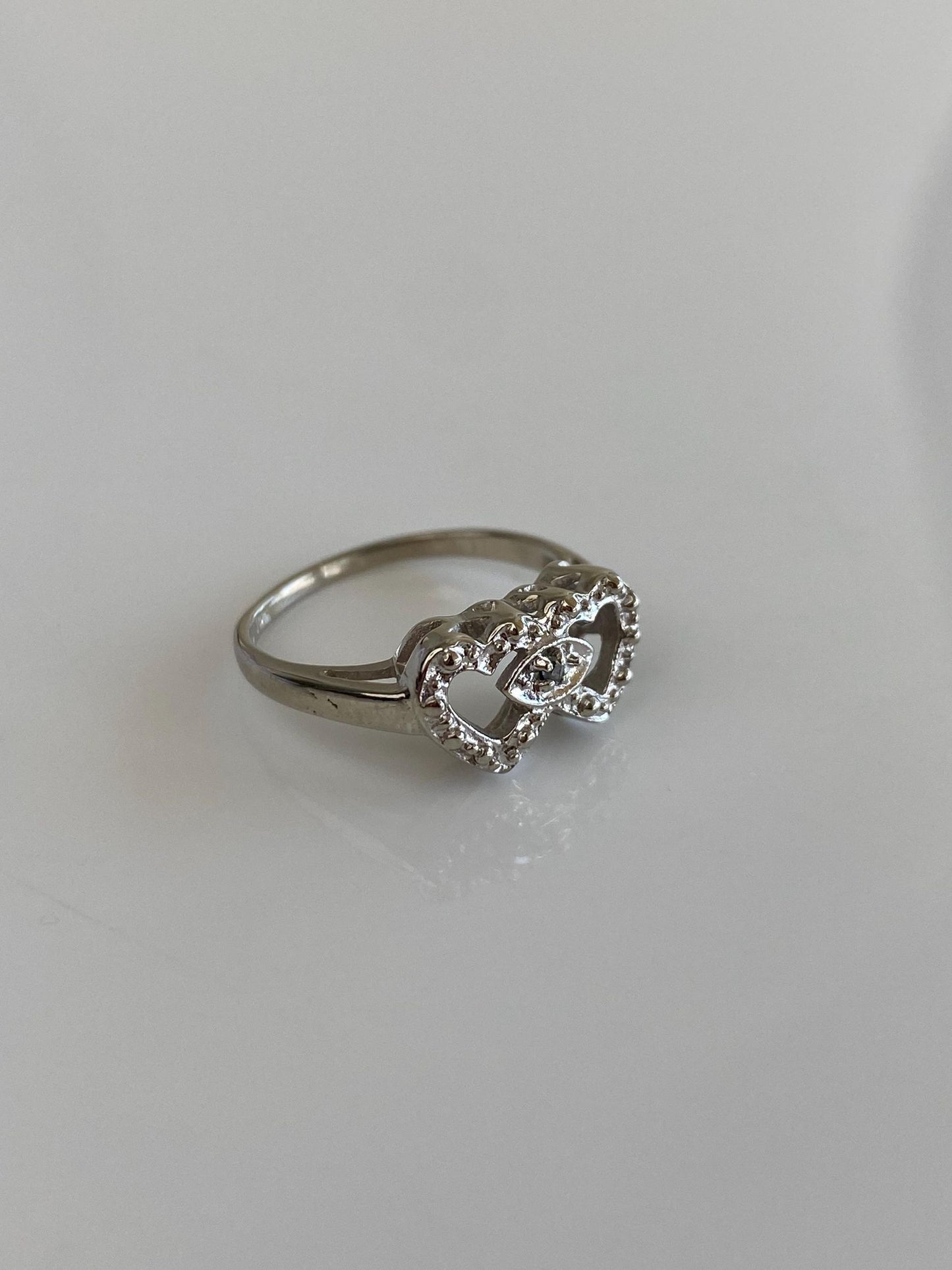 Vintage Solid 10k White Gold Diamond Hearts Ring - Size 4