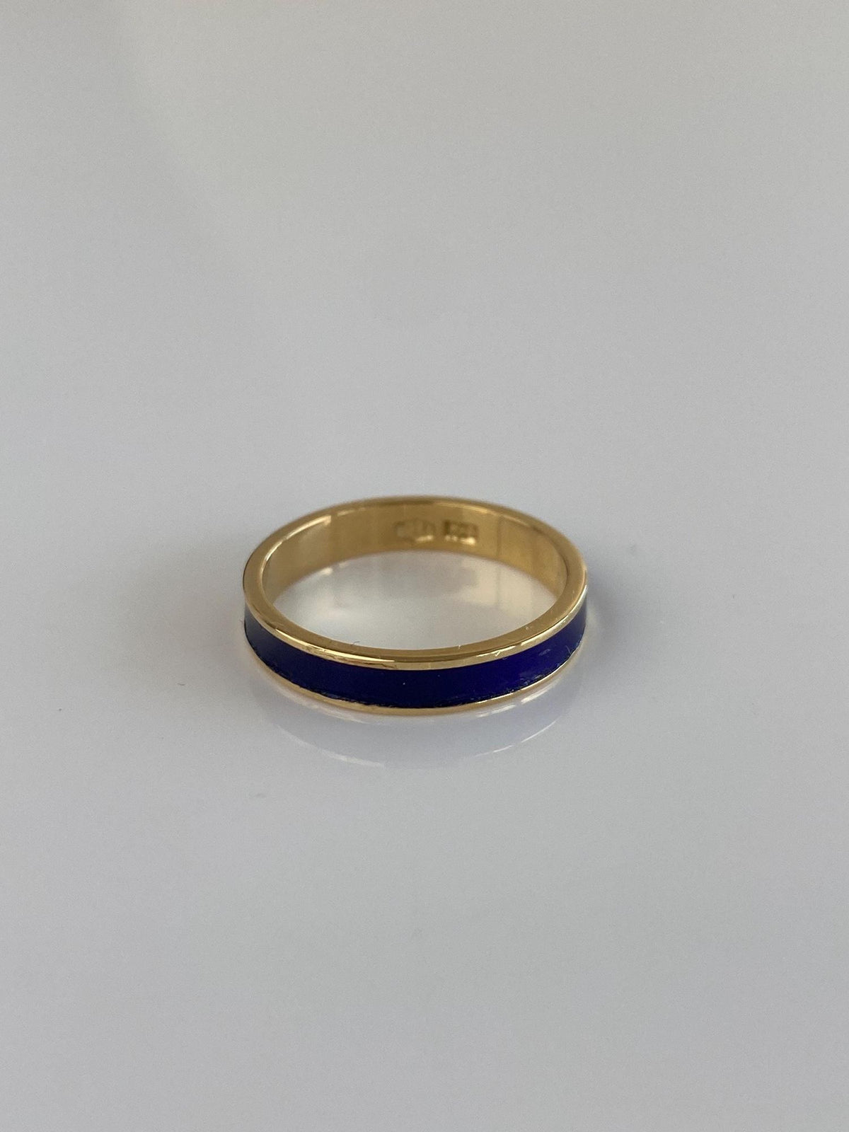 Vintage Solid 18k Yellow Gold Blue Enamel Inlay Ring Band - Size 6.5