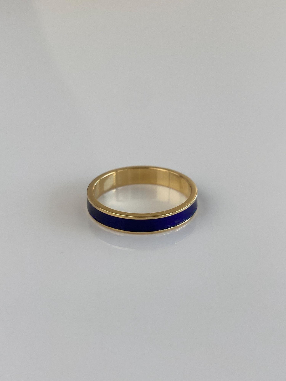 Vintage Solid 18k Yellow Gold Blue Enamel Inlay Ring Band - Size 6.5