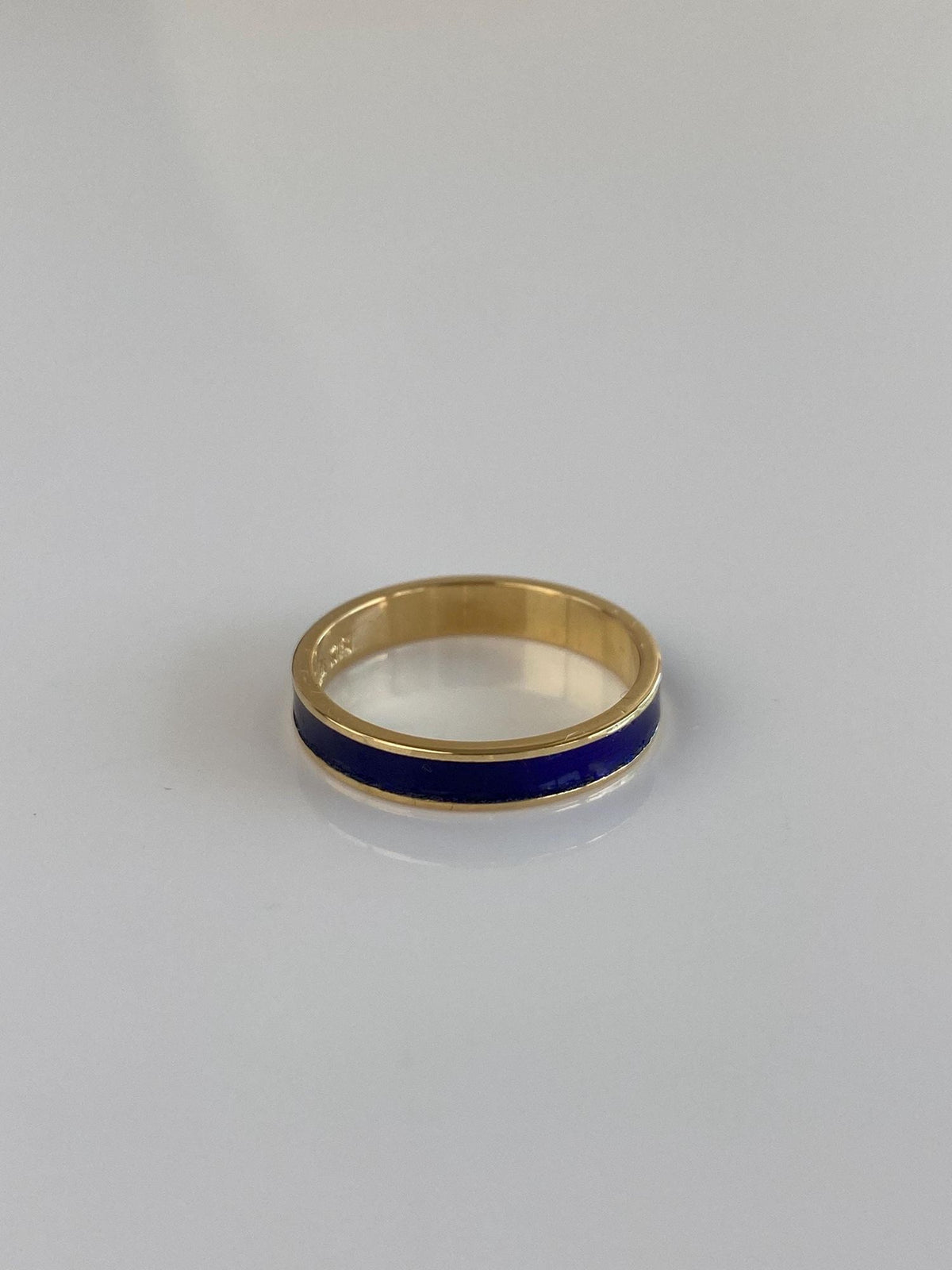 Vintage Solid 18k Yellow Gold Blue Enamel Inlay Ring Band - Size 6.5