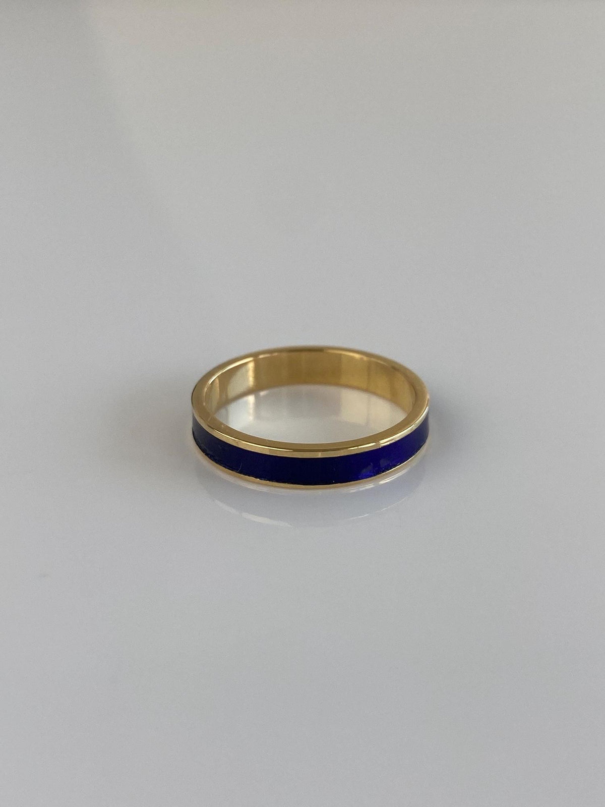 Vintage Solid 18k Yellow Gold Blue Enamel Inlay Ring Band - Size 6.5