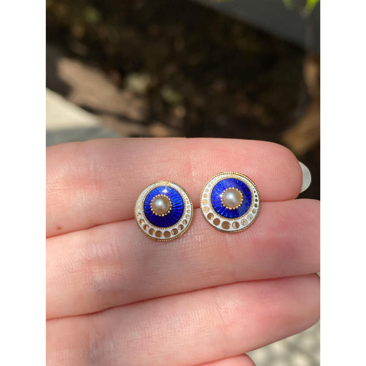 Vintage 14k Yellow Gold Enamel Pearl Stud Earrings