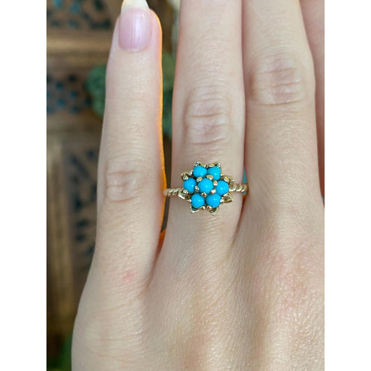 Vintage Solid 14k Yellow Gold Turquoise Flower Ring - Size 5.25