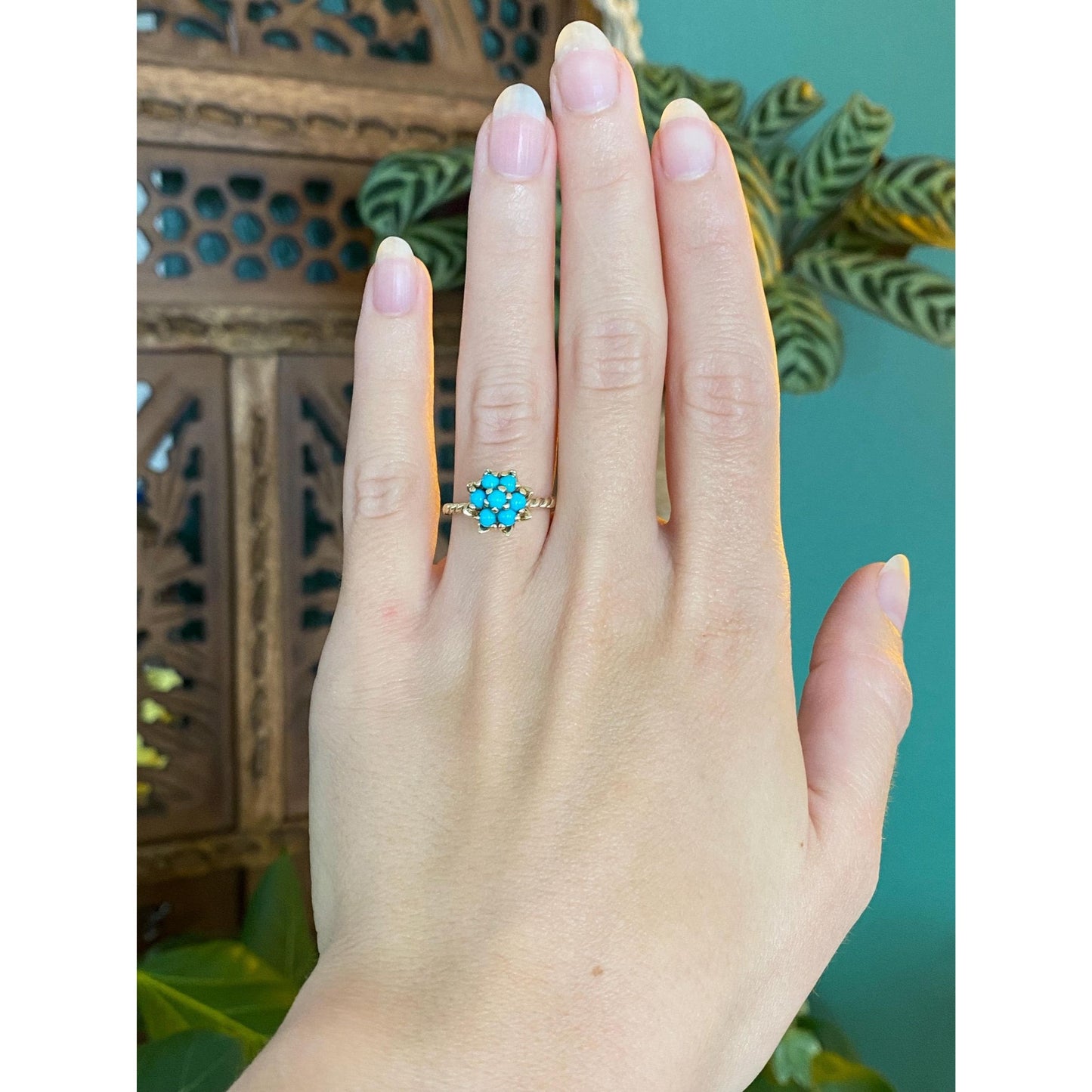 Vintage Solid 14k Yellow Gold Turquoise Flower Ring - Size 5.25