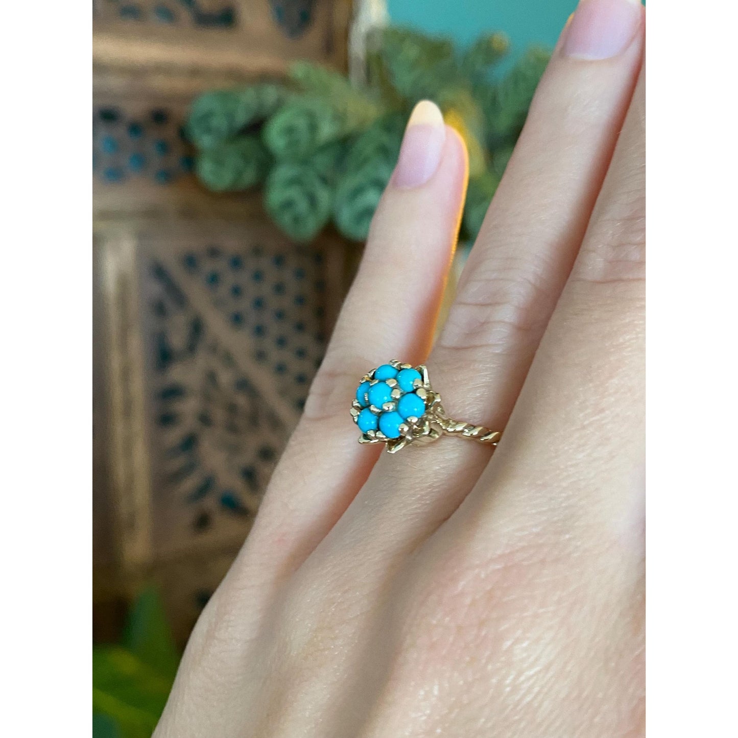 Vintage Solid 14k Yellow Gold Turquoise Flower Ring - Size 5.25