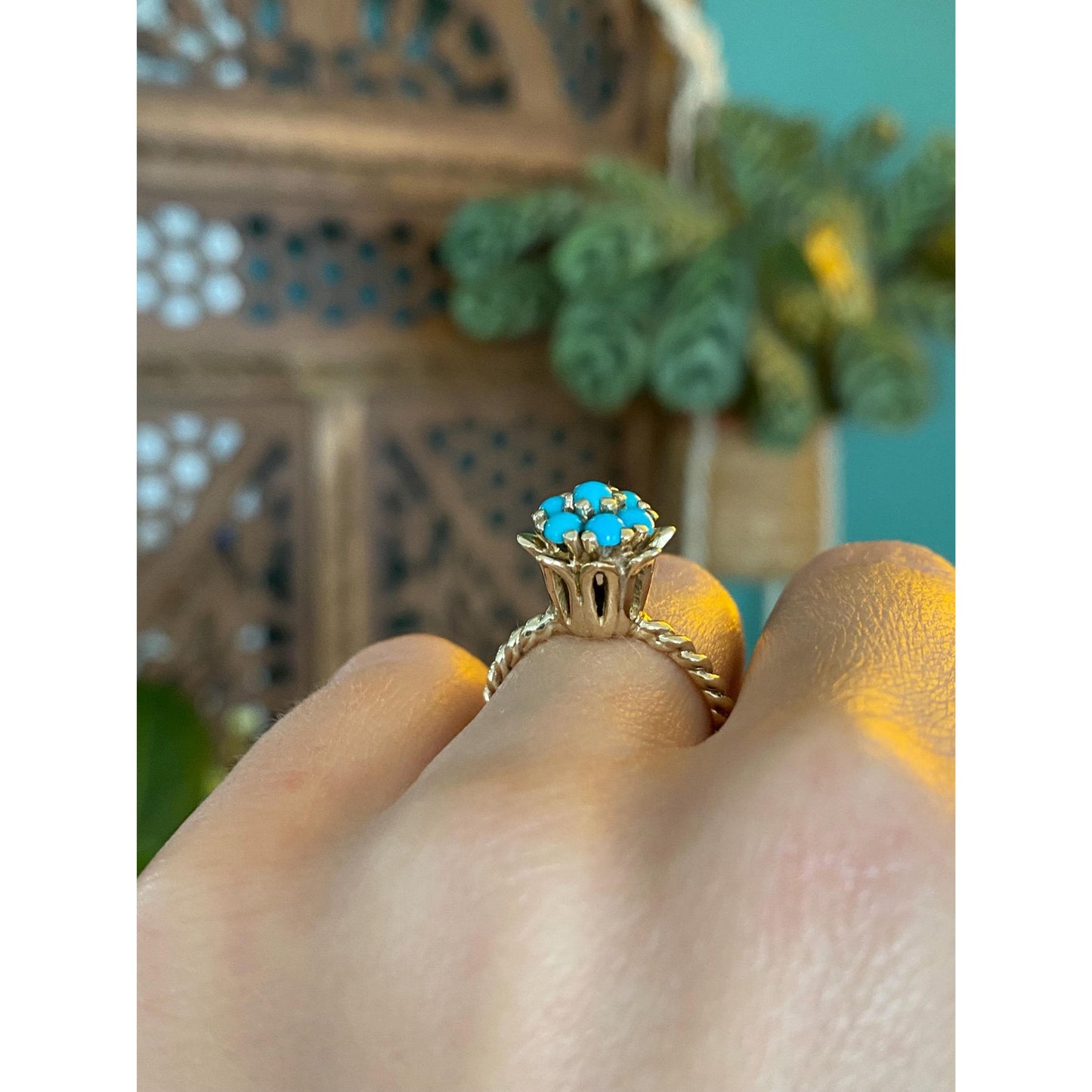 Vintage Solid 14k Yellow Gold Turquoise Flower Ring - Size 5.25