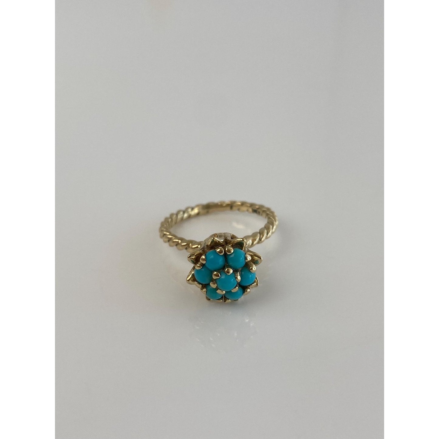 Vintage Solid 14k Yellow Gold Turquoise Flower Ring - Size 5.25