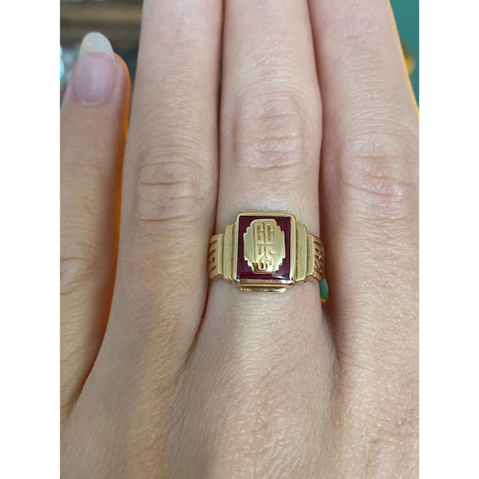 Vintage Solid 10k Yellow Gold Pink Sapphire 1938 Class Ring - Size 6.25