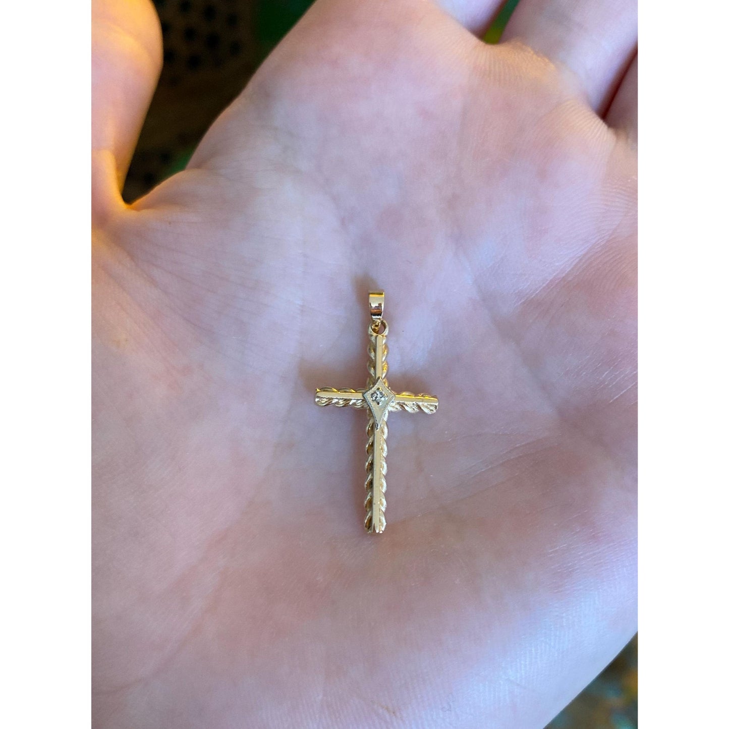 Vintage Solid 14k White & Yellow Gold Diamond Cross Charm