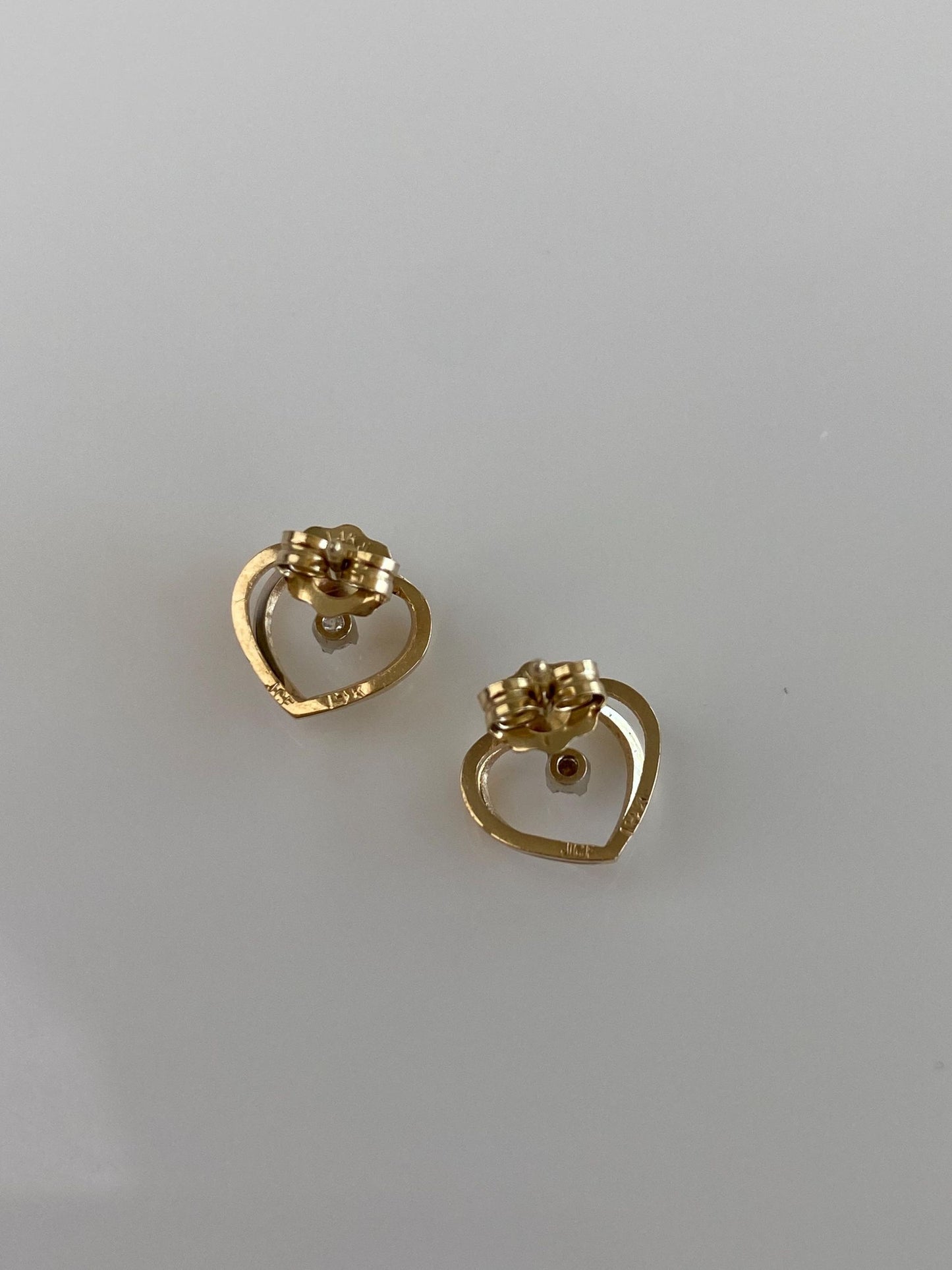 Vintage Solid 14k Yellow Gold Diamond Open Heart Stud Earrings
