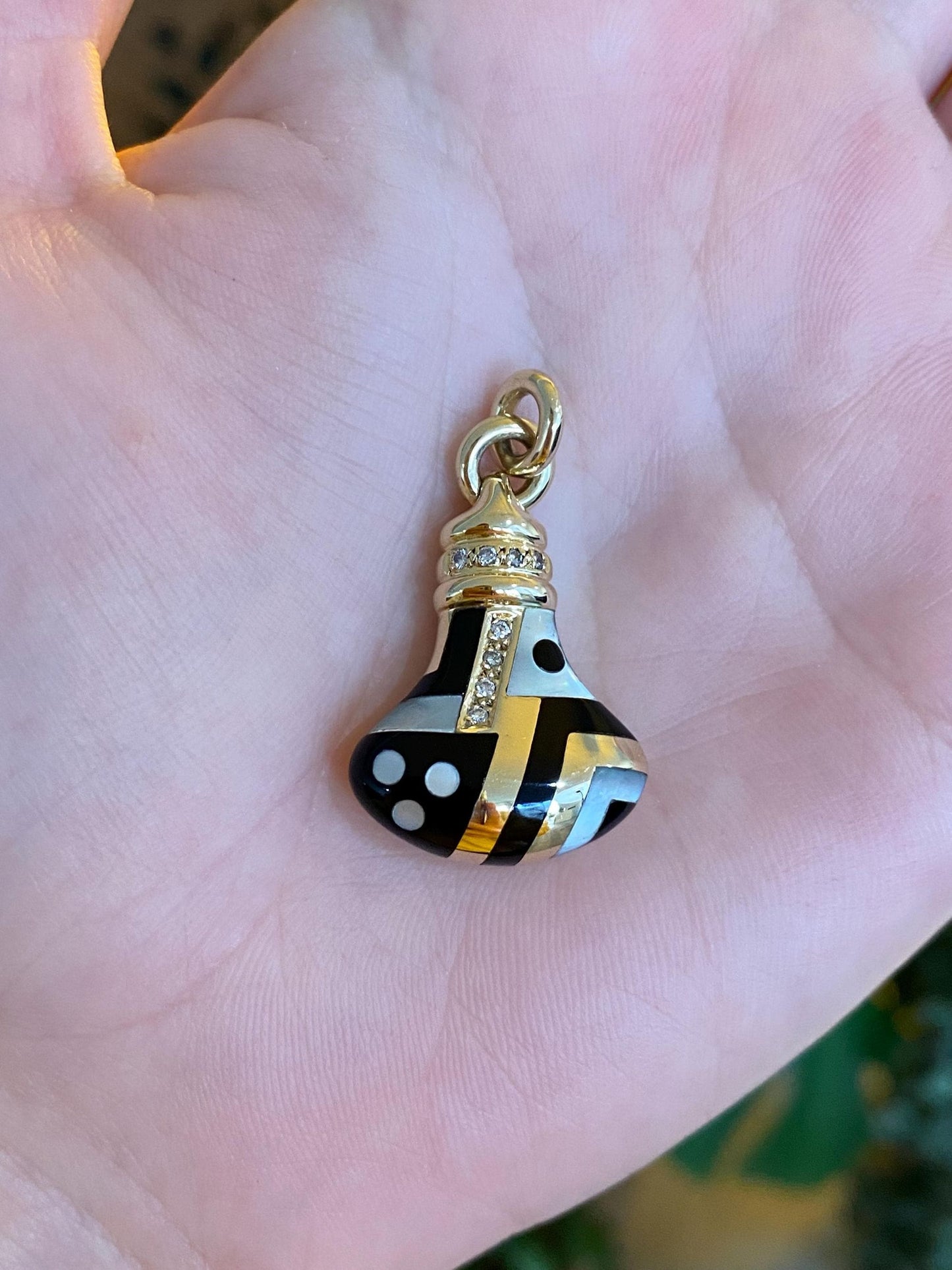 Vintage Solid 14k Yellow Gold Diamond Mother of Pearl Onyx Inlay Charm