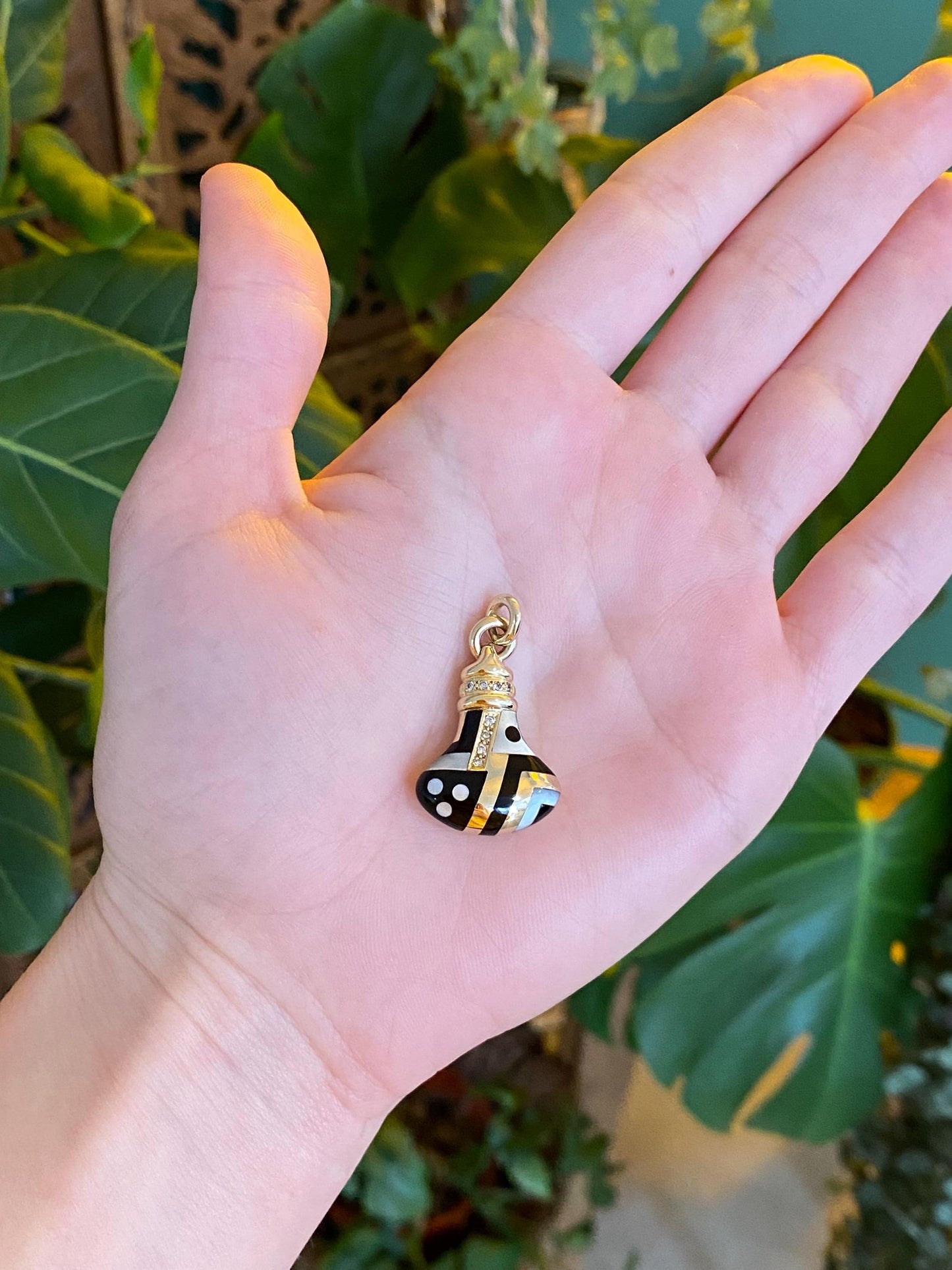 Vintage Solid 14k Yellow Gold Diamond Mother of Pearl Onyx Inlay Charm