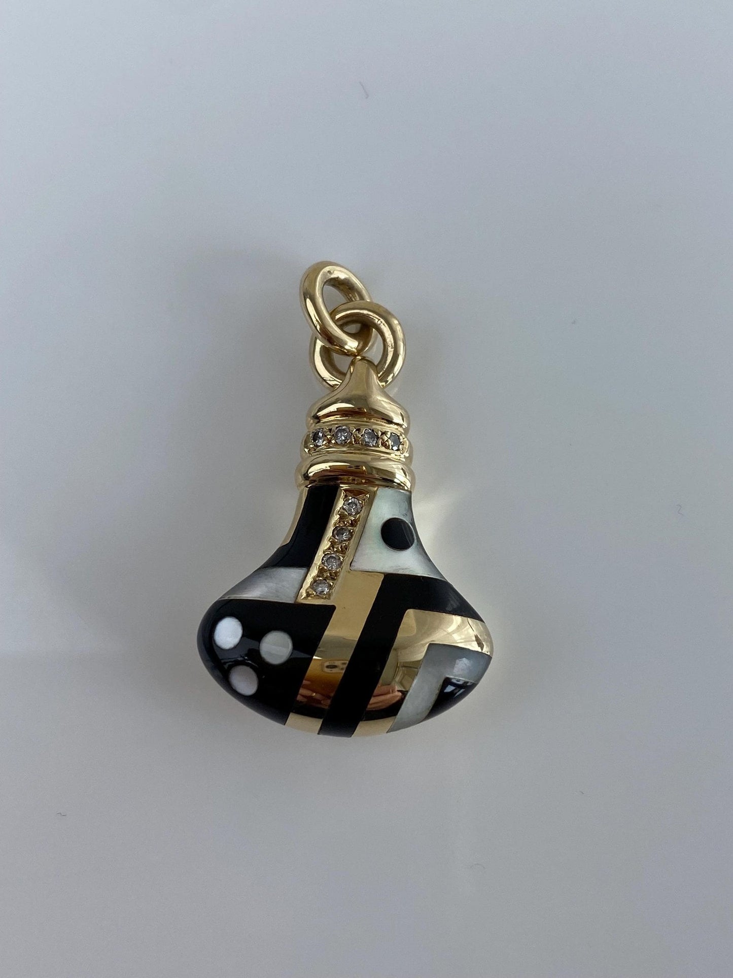 Vintage Solid 14k Yellow Gold Diamond Mother of Pearl Onyx Inlay Charm
