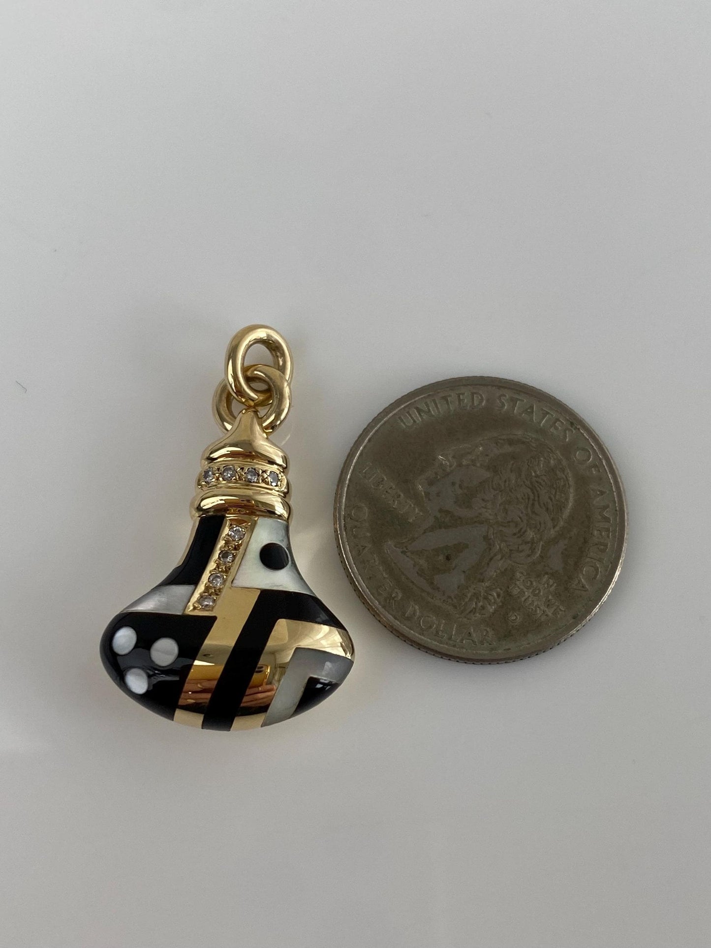 Vintage Solid 14k Yellow Gold Diamond Mother of Pearl Onyx Inlay Charm