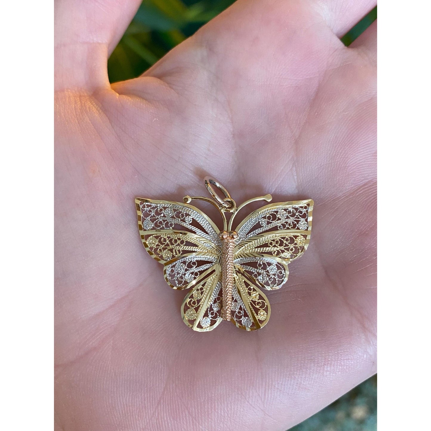 Vintage Solid 14k Tri Tone Gold Filigree Butterfly Charm