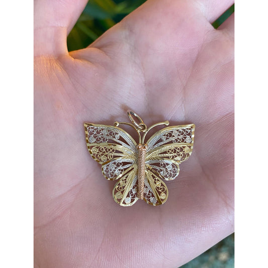 Vintage Solid 14k Tri Tone Gold Filigree Butterfly Charm