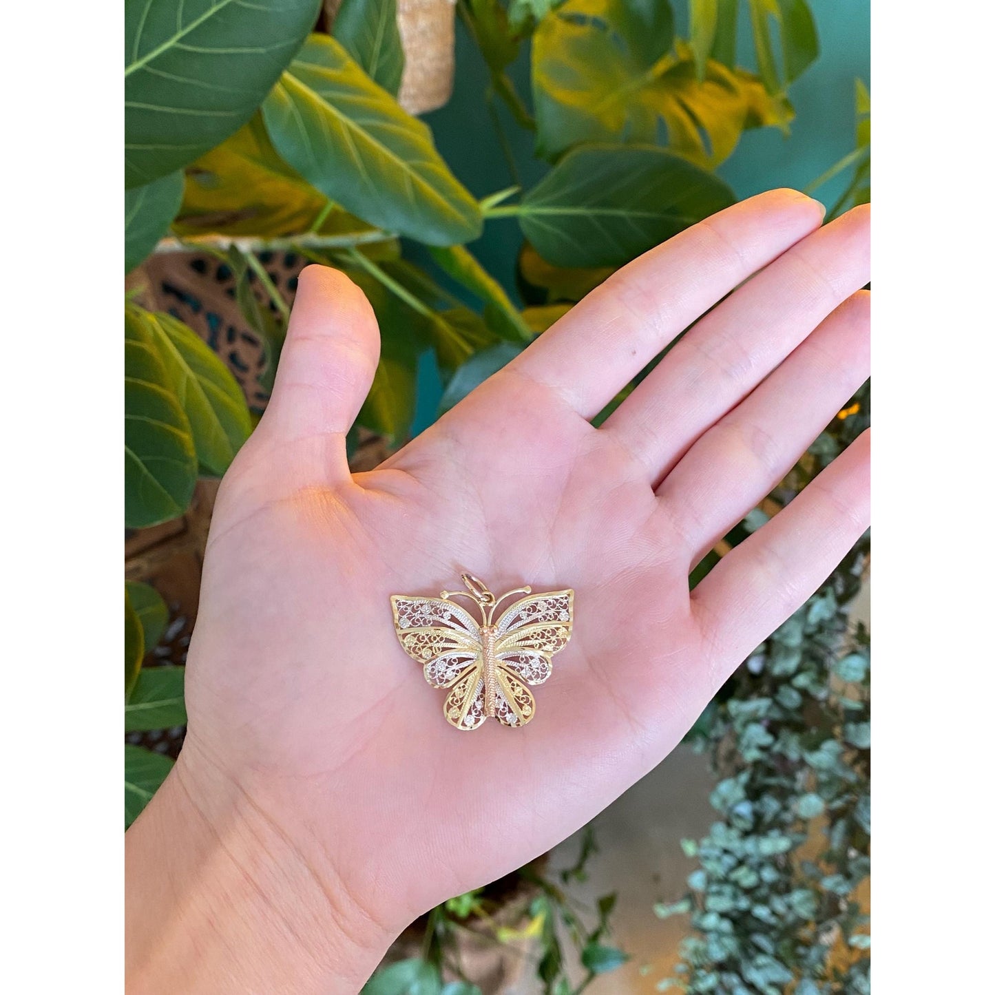 Vintage Solid 14k Tri Tone Gold Filigree Butterfly Charm