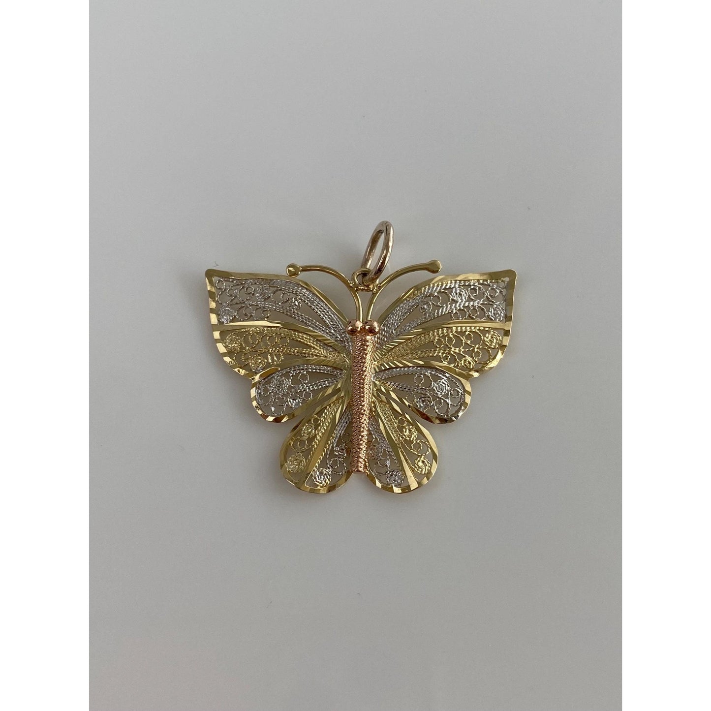 Vintage Solid 14k Tri Tone Gold Filigree Butterfly Charm