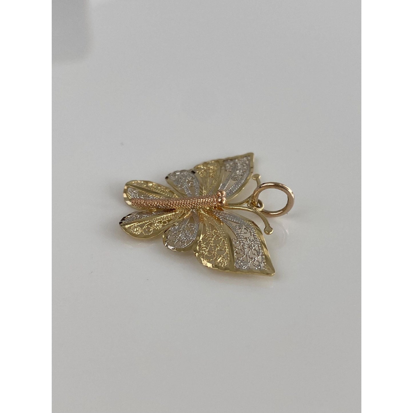Vintage Solid 14k Tri Tone Gold Filigree Butterfly Charm