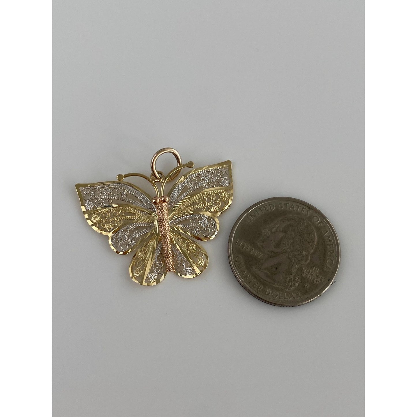 Vintage Solid 14k Tri Tone Gold Filigree Butterfly Charm