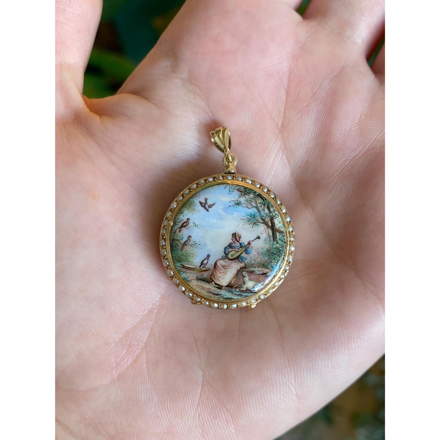 Vintage Solid 18k Yellow Gold Enamel Lady Birds Seed Pearls Pocket Watch Locket Charm