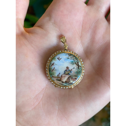 Vintage Solid 18k Yellow Gold Enamel Lady Birds Seed Pearls Pocket Watch Locket Charm