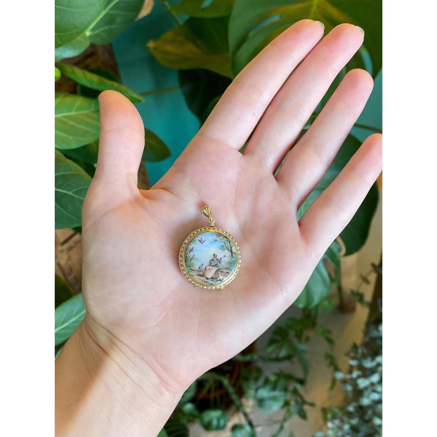 Vintage Solid 18k Yellow Gold Enamel Lady Birds Seed Pearls Pocket Watch Locket Charm