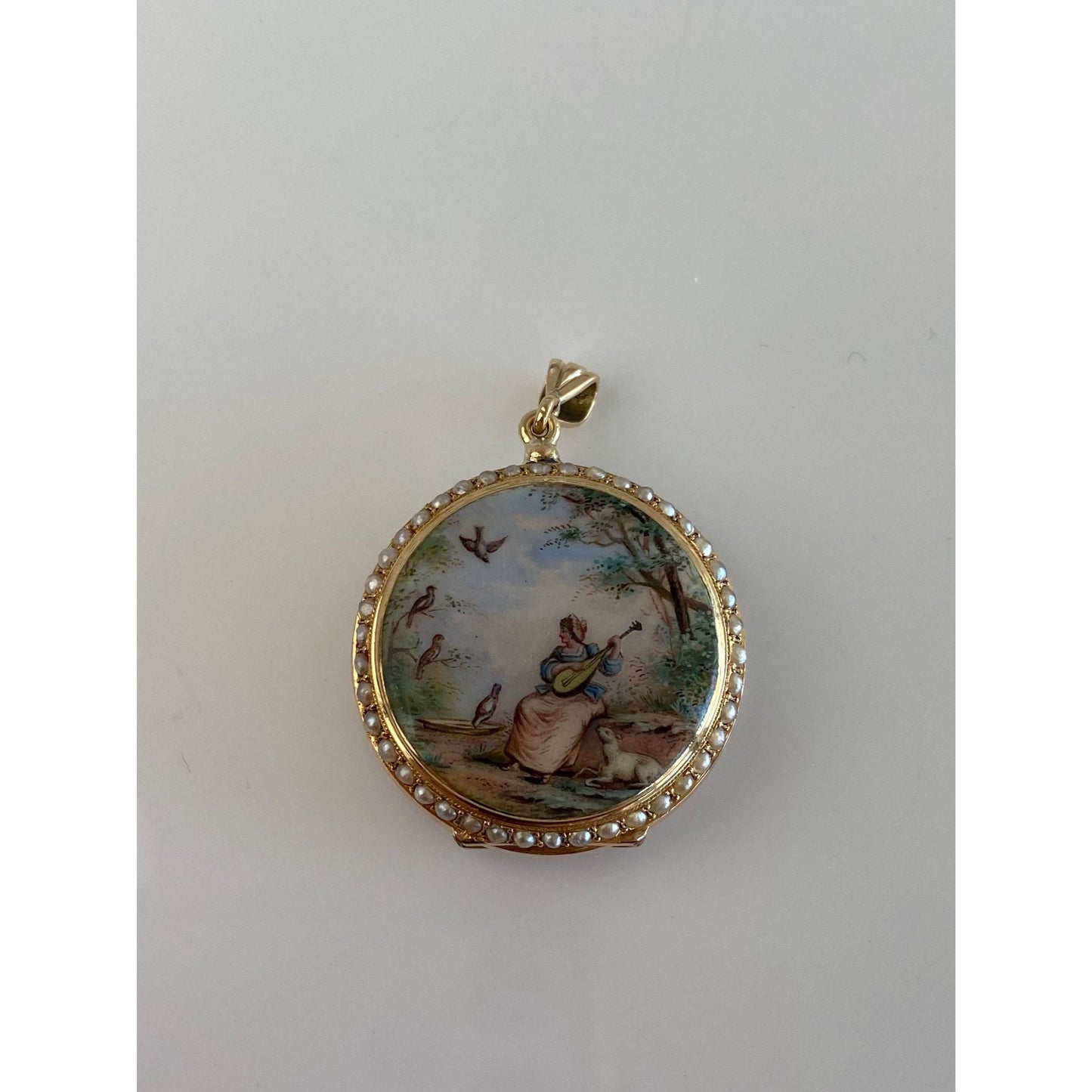 Vintage Solid 18k Yellow Gold Enamel Lady Birds Seed Pearls Pocket Watch Locket Charm