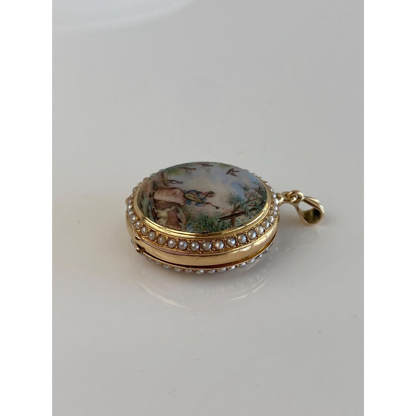 Vintage Solid 18k Yellow Gold Enamel Lady Birds Seed Pearls Pocket Watch Locket Charm