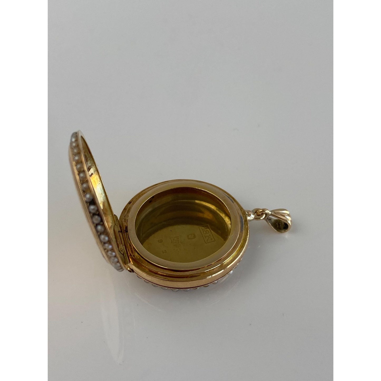 Vintage Solid 18k Yellow Gold Enamel Lady Birds Seed Pearls Pocket Watch Locket Charm