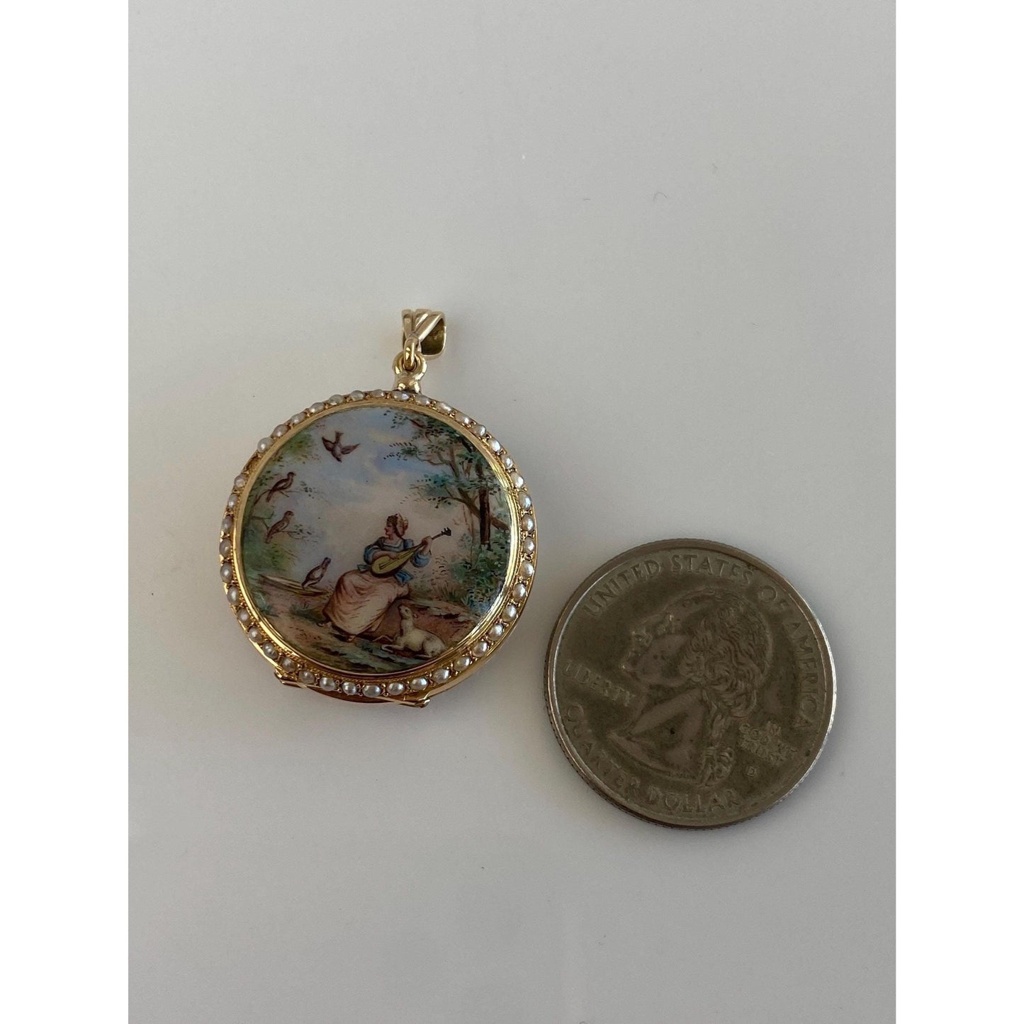 Vintage Solid 18k Yellow Gold Enamel Lady Birds Seed Pearls Pocket Watch Locket Charm