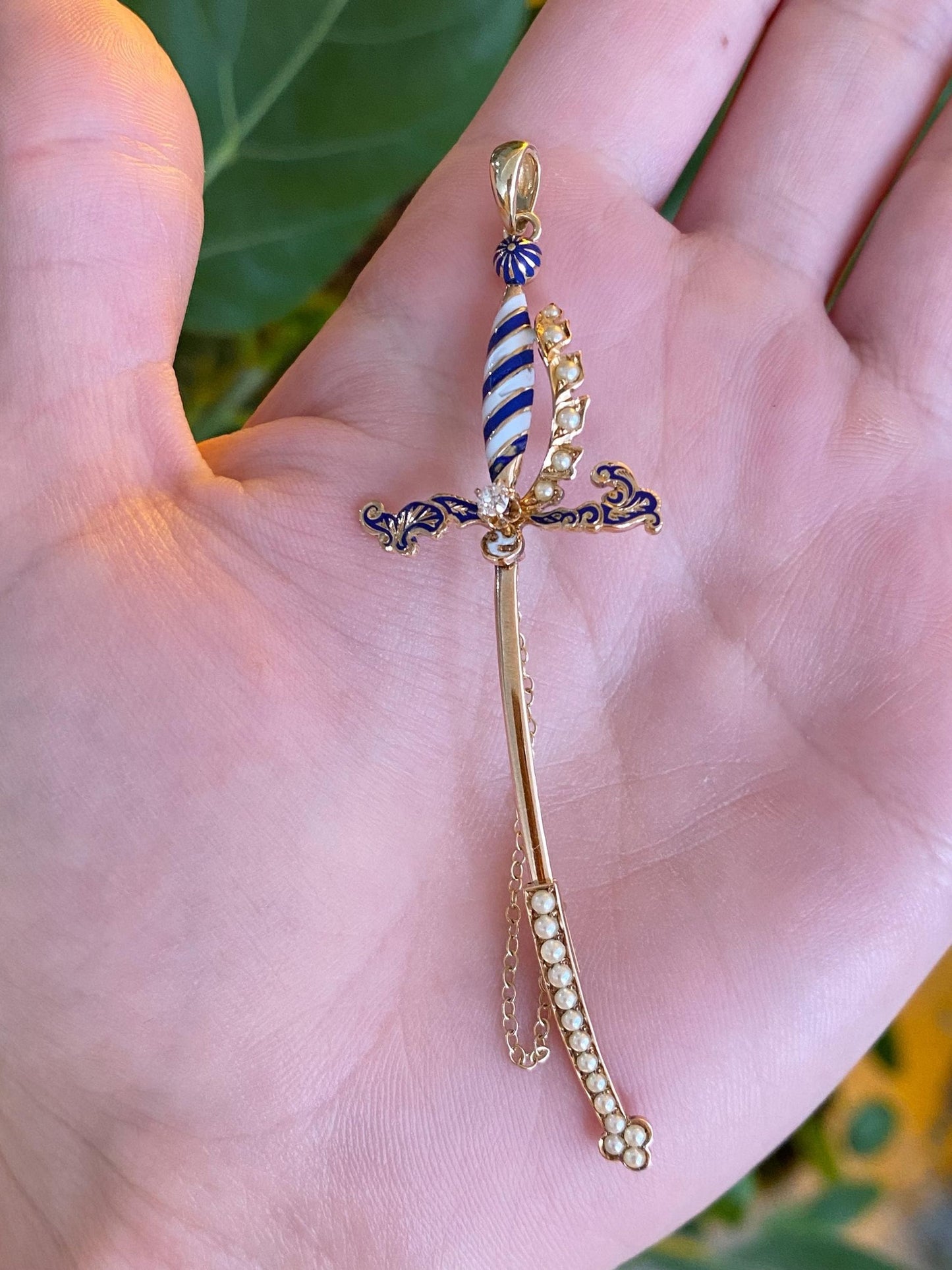 Vintage Solid 14k Rosey Gold Diamond Enamel Seed Pearls Sword Charm