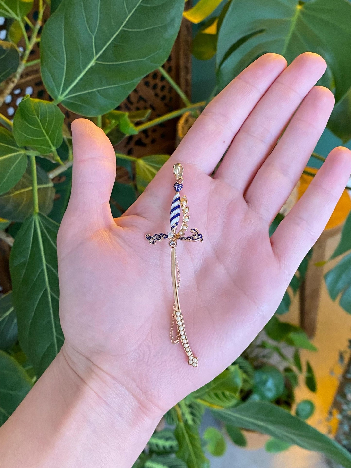 Vintage Solid 14k Rosey Gold Diamond Enamel Seed Pearls Sword Charm