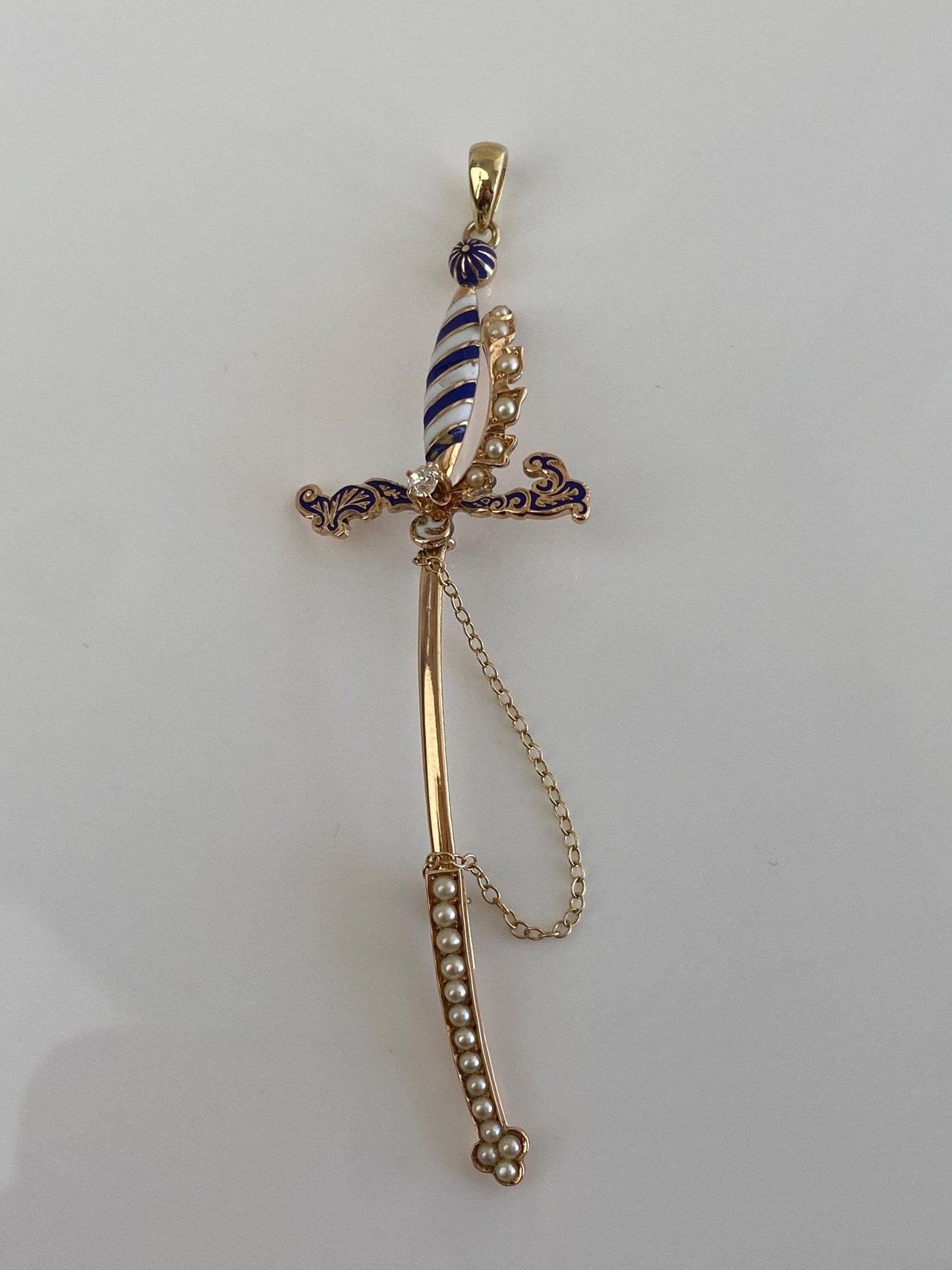 Vintage Solid 14k Rosey Gold Diamond Enamel Seed Pearls Sword Charm