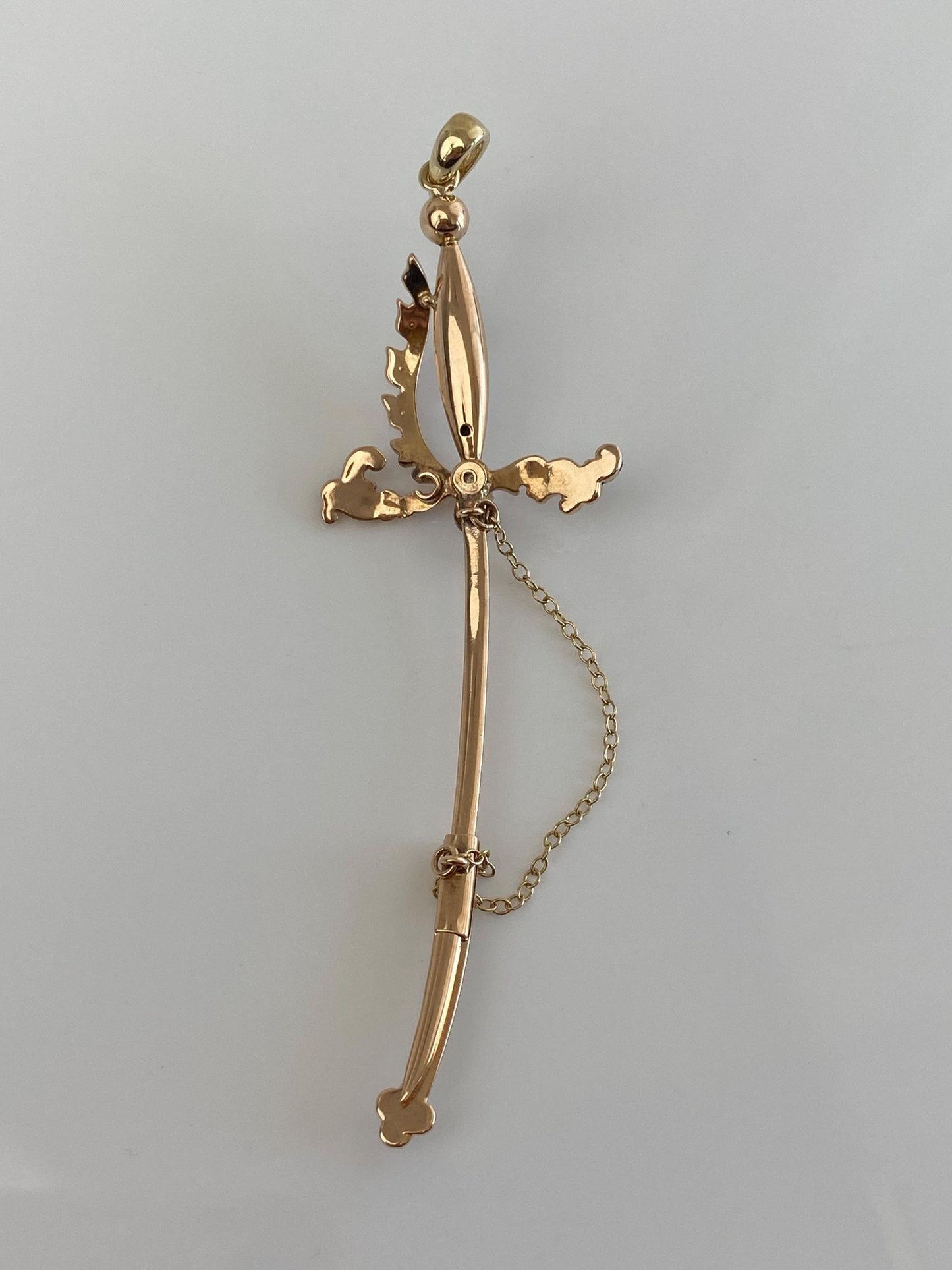 Vintage Solid 14k Rosey Gold Diamond Enamel Seed Pearls Sword Charm