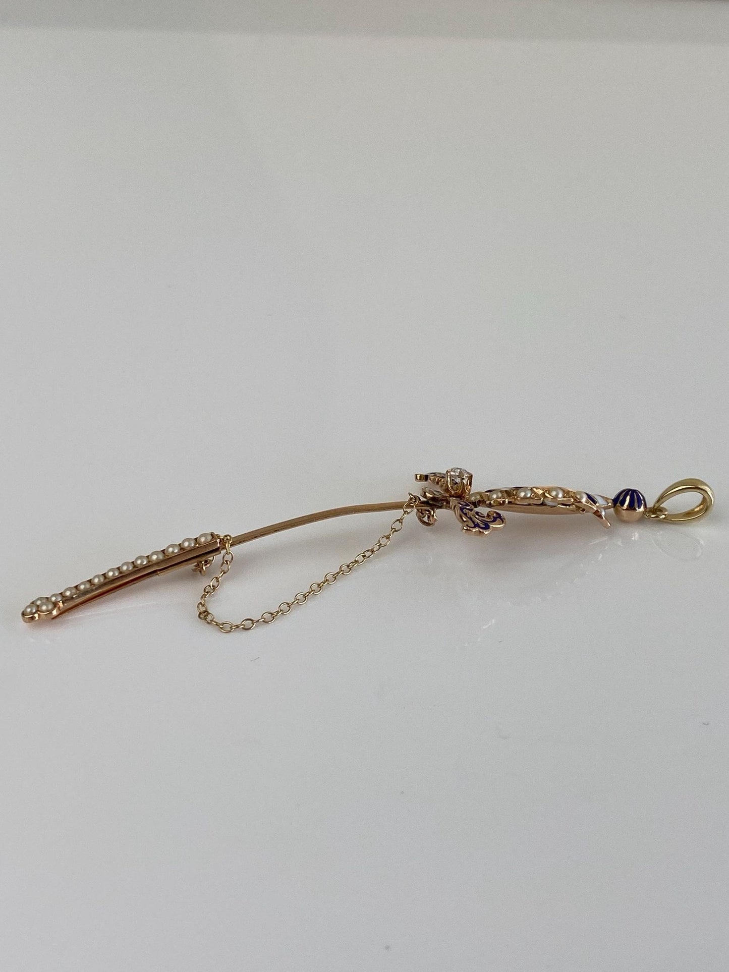 Vintage Solid 14k Rosey Gold Diamond Enamel Seed Pearls Sword Charm