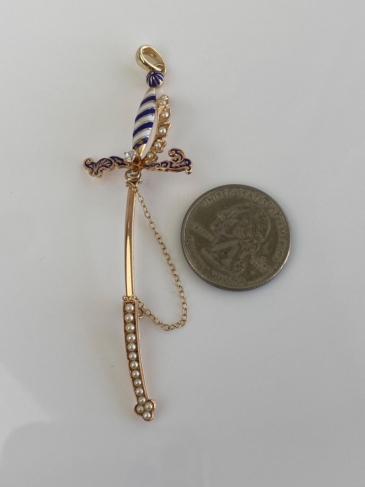 Vintage Solid 14k Rosey Gold Diamond Enamel Seed Pearls Sword Charm