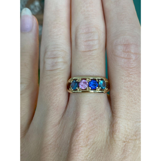 Vintage Solid 14k Yellow Gold Colored Sapphire & Spinel Ring - Size 7.75