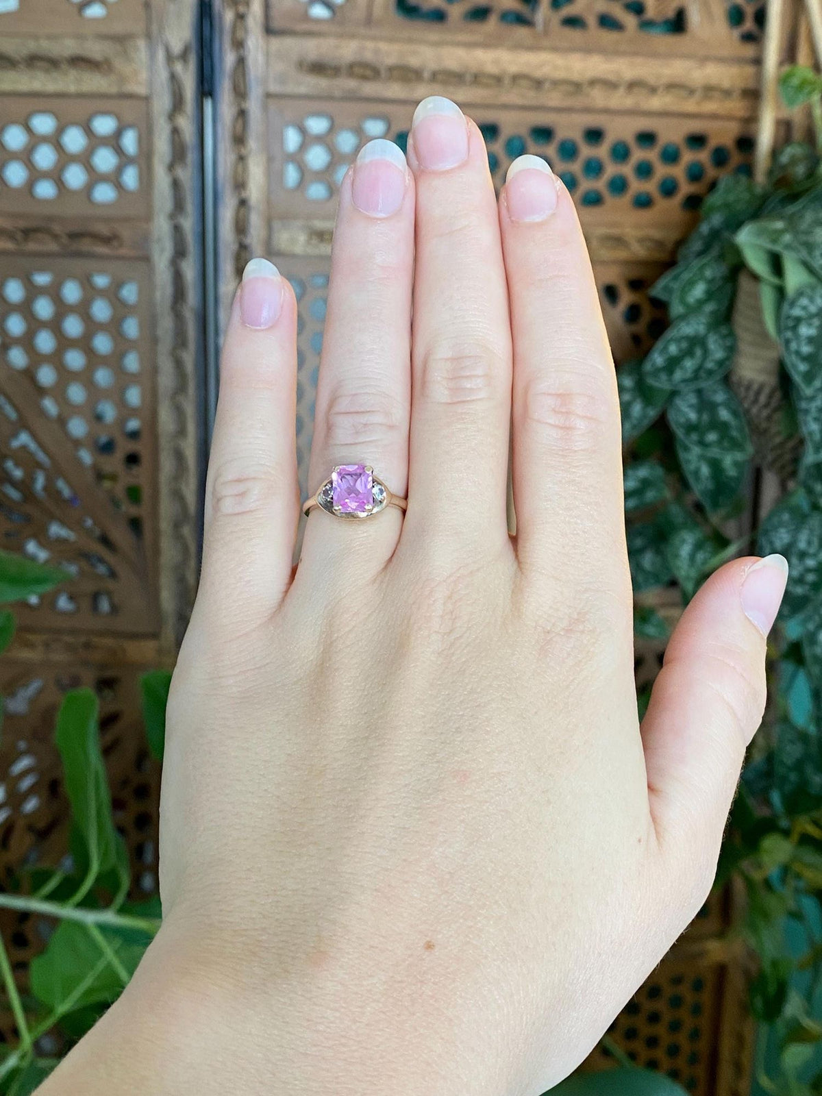 Vintage Solid 10k White Gold Pink Sapphire Clear Spinel Ring - Size 5.5