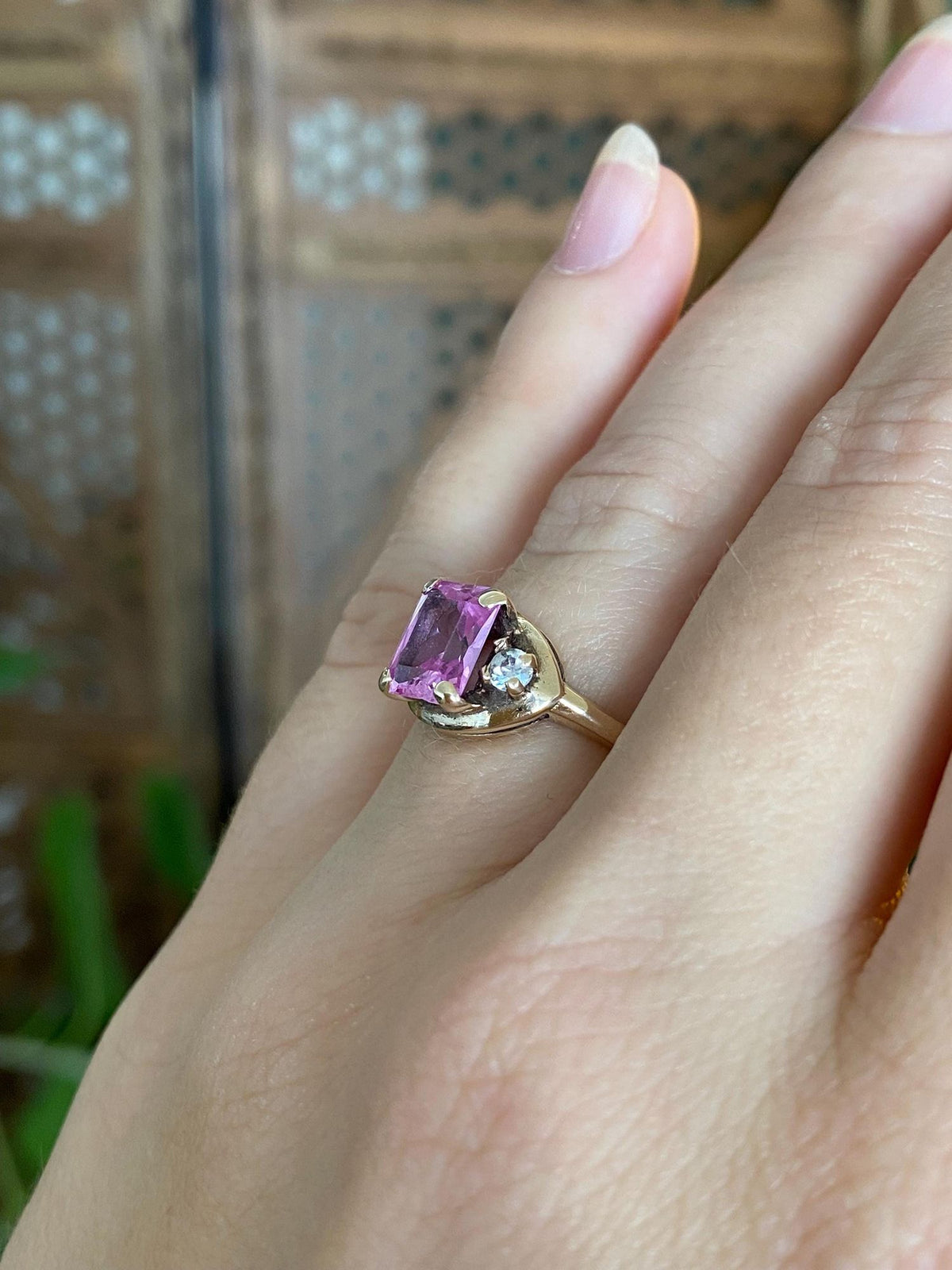 Vintage Solid 10k White Gold Pink Sapphire Clear Spinel Ring - Size 5.5