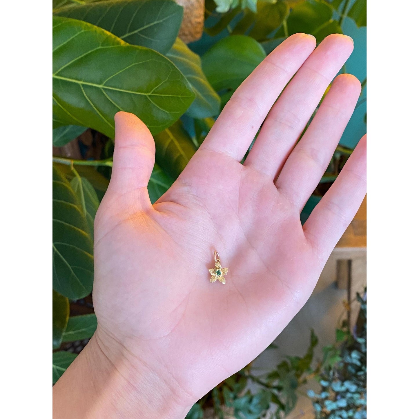 Solid 14k Yellow Gold Emerald Flower Charm