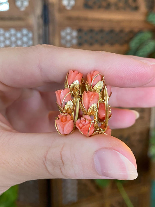 Vintage Solid 10k Yellow Gold Coral Flowers Hoop Earrings