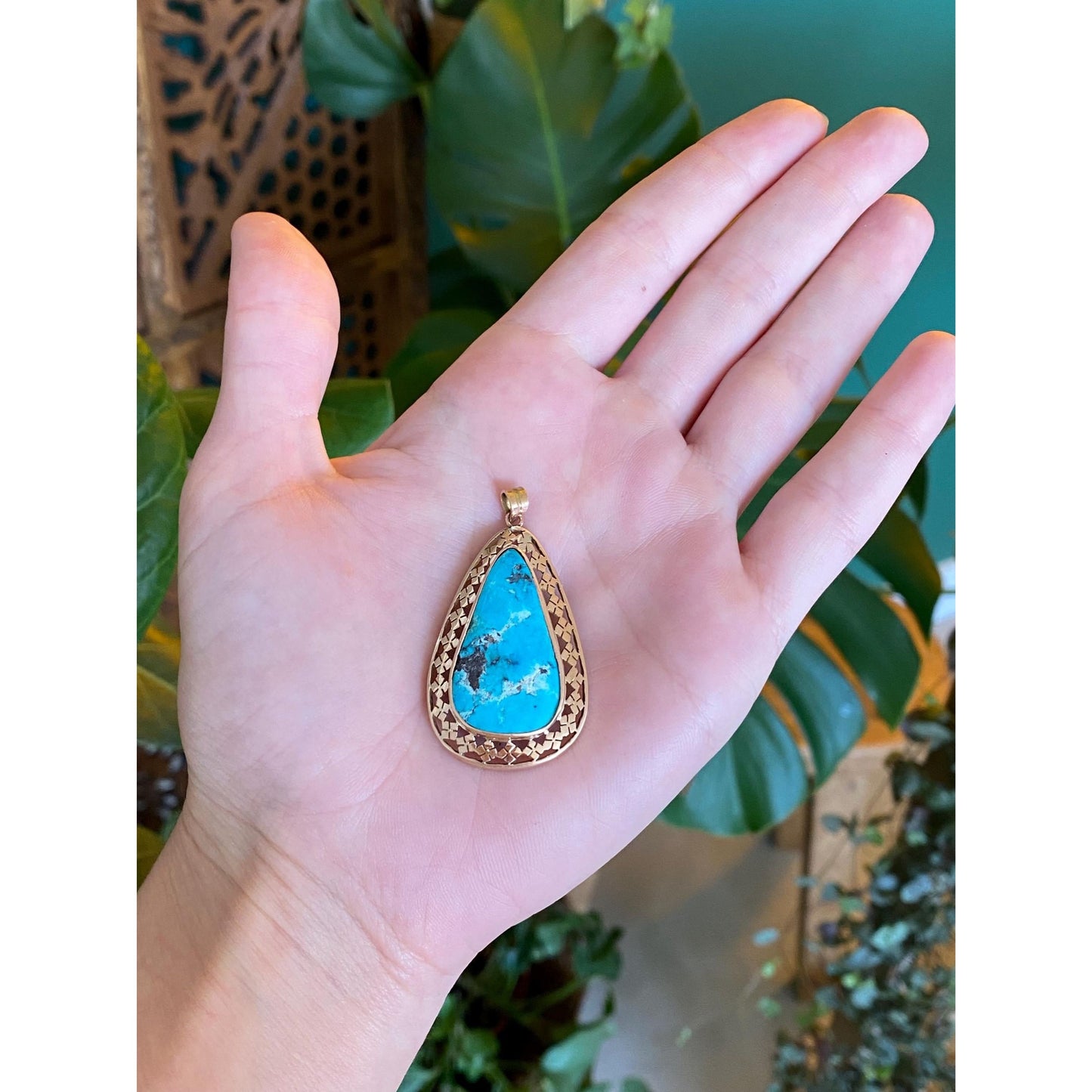 Vintage Solid 10k Rosey Gold Large Turquoise Charm