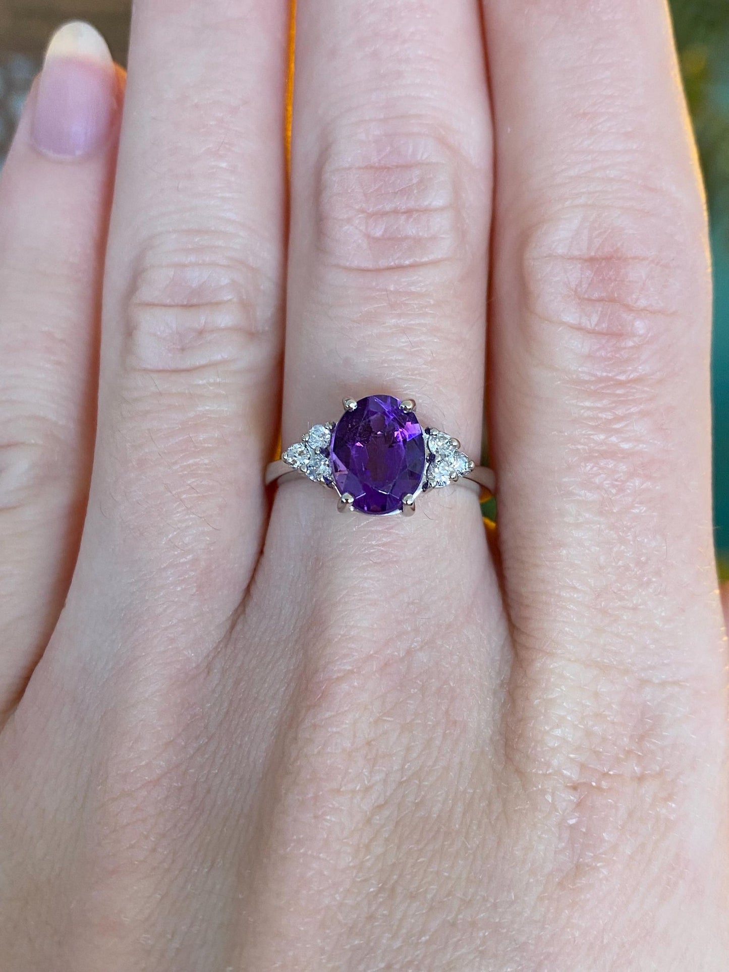 Vintage Solid 14k White Gold Diamond Amethyst Ring - Size 6.25